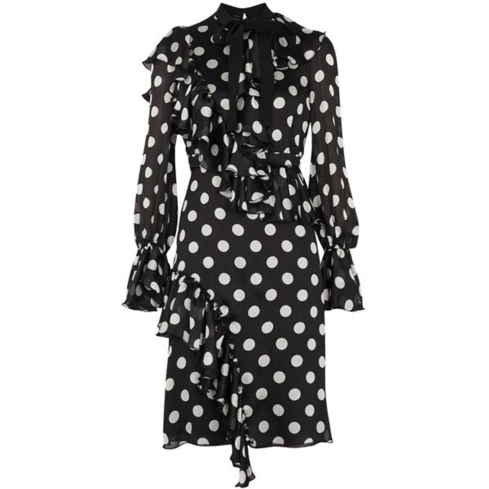 Gucci Black and White Polka-dot Silk Sheath Luxury Dress Designer Long Sleeves